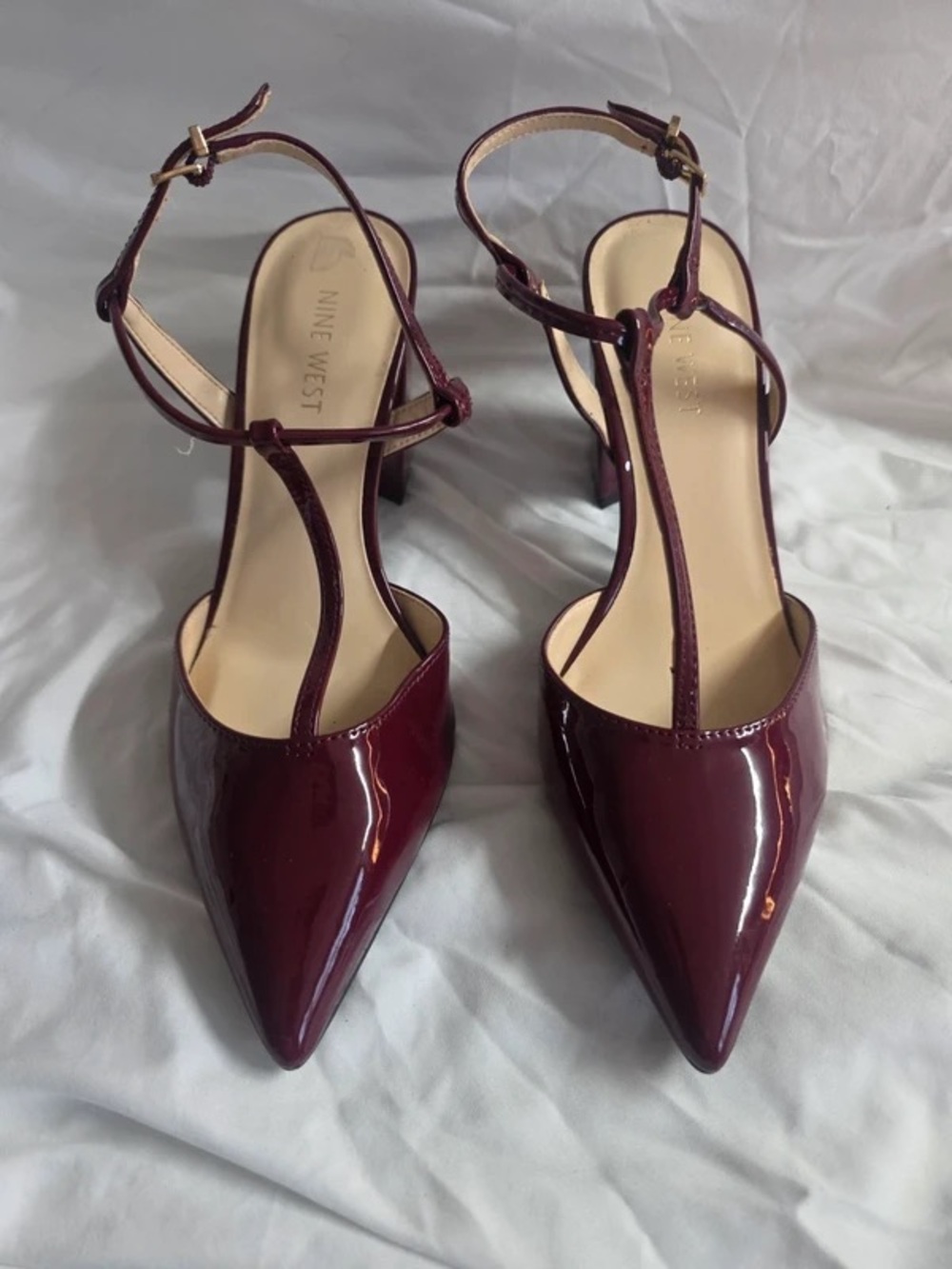 Nine West Burgundy Patent T-Strap Pointed Toe Heels
